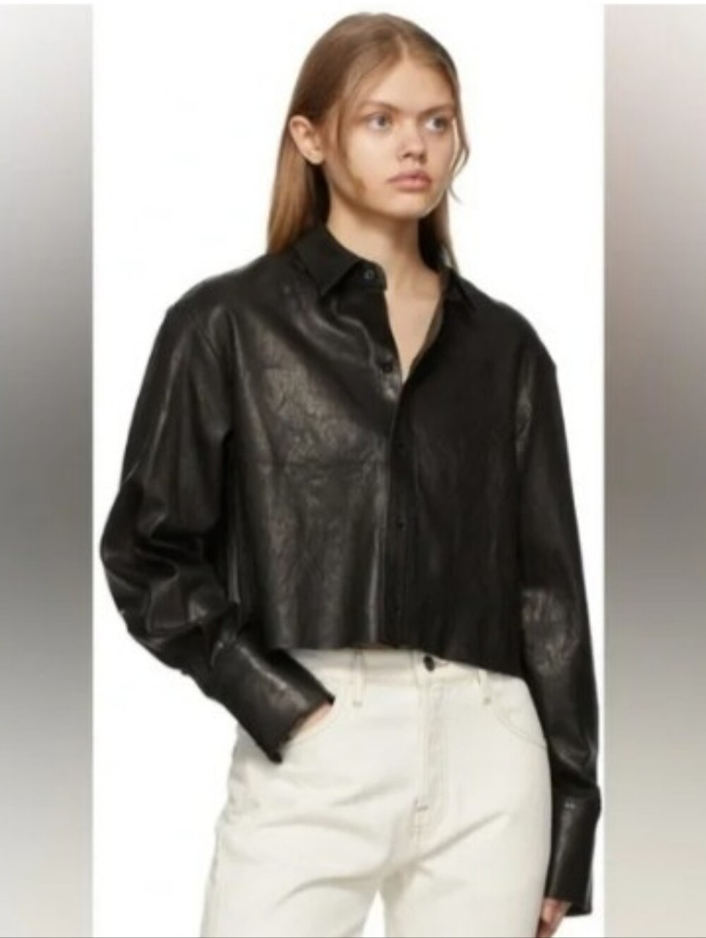 Frame Cut Off Denim Black Cropped Lamb Leather Button Jacket